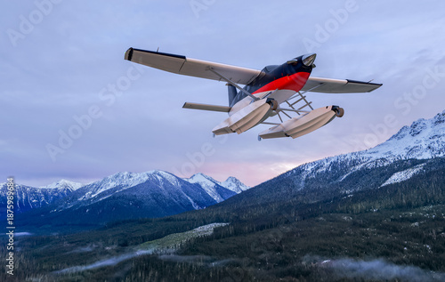 Wallpaper Mural Seaplane Soaring Over Snowy Mountains at Sunset Above Foggy Forest in British Columbia Canada Torontodigital.ca
