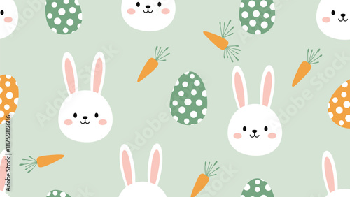 Playful Easter seamless pattern with cute white bunny faces, decorated eggs, and orange carrots on light green.