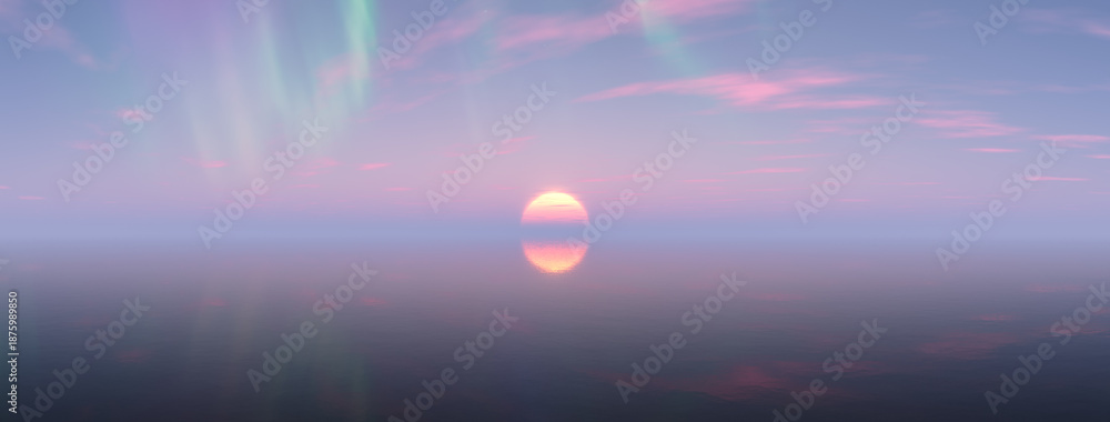 Obraz premium Aurora Borealis Over Calm Ocean at Sunset With Crescent Moon, Soft Clouds, and Reflections
