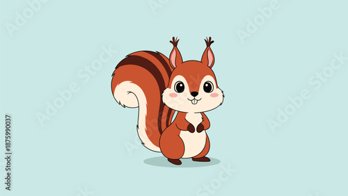 Adorable cartoon squirrel with large expressive eyes and a bushy striped tail stands on a light blue background in a flat style.