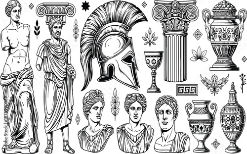Ancient Greek mythology flat vector collection with marble statues helmet pillars busts and antique vases for history and classic education design
