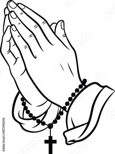 Praying hands silhouette flat vector with holy rosary beads and christian cross for prayer faith religious devotion and spiritual design