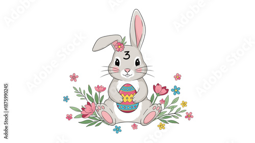 Cute easter bunny sitting among spring flowers holding a colorful decorated egg celebrating a happy holiday for a three year old.