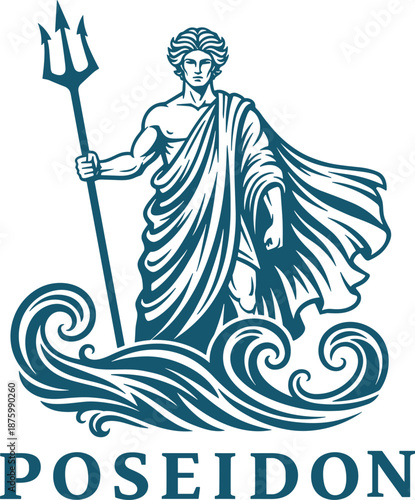 Poseidon Greek god of sea flat vector illustration with trident standing in ocean waves for ancient mythology and maritime design