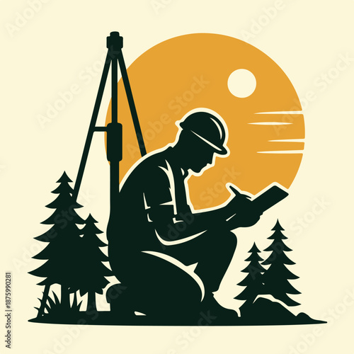 Stylized illustration of an oil and gas worker inspecting equipment in an outdoor field suitable for energy industry and industrial themes
