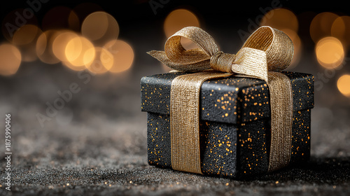 Banner design with black gift box and gold ribbon on black bokeh for online shopping and sales