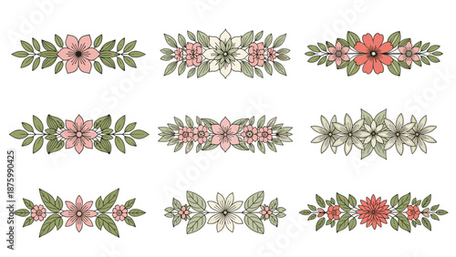 Set of nine elegant floral dividers and ornaments with delicate pink flowers and green leaves for romantic stationery and wedding decor.