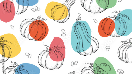 Artistic seamless pattern with hand drawn pumpkin outlines and colorful abstract paint spots in autumn hues of orange yellow and blue.