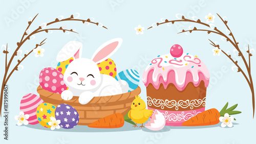 Easter holiday illustration featuring a cute white bunny in a basket with colorful eggs, a chick, and traditional cake.