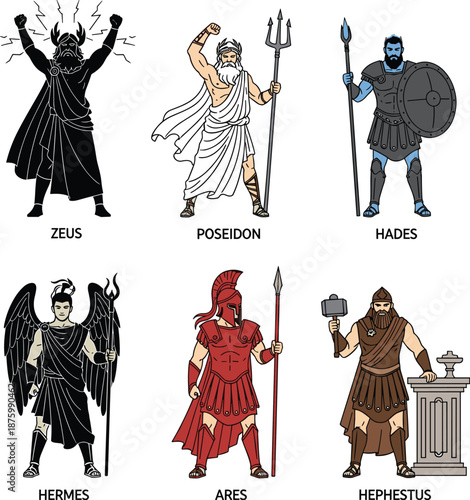 Greek gods flat vector set with Zeus Poseidon Hades Hermes Ares and Hephaestus for mythological ancient history and classic education design