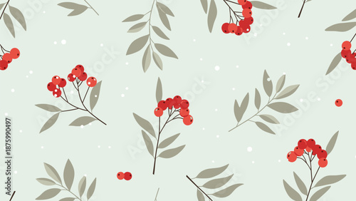 Seamless pattern with delicate red berries and grey leaves on a light green background with white dots like snow.