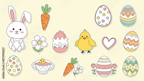 Vibrant and colorful set of Easter themed stickers including a bunny, chick, decorated eggs, carrots, and spring flowers.