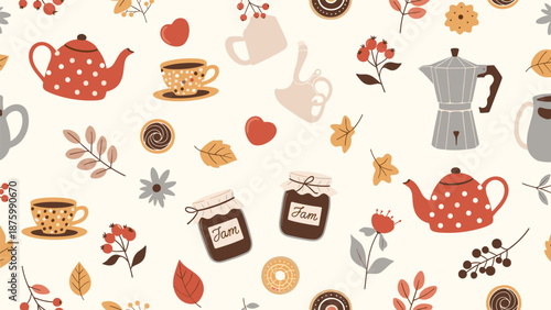 Cozy autumn seamless pattern with red teapots, coffee cups, jam jars, and falling leaves on a cream background.