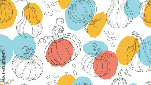 Artistic seamless pattern featuring hand drawn pumpkin sketches and colorful abstract shapes on a white background.