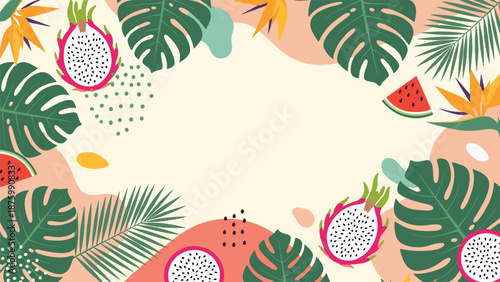 Vibrant tropical border frame made of palm leaves, dragon fruit, and watermelon slices on a cream background.
