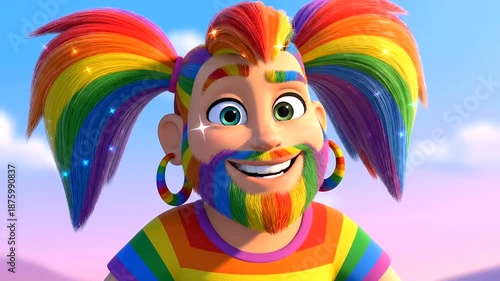 Joyful Animated Character with Sparkling Rainbow Hair and Beard Celebrates Diversity During Pride Month
