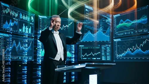 A senior Asian conductor masterfully orchestrates a symphony of dynamic data visuals across multiple screens, embodying the powerful Digital Literacy Evolution in modern business and tech.