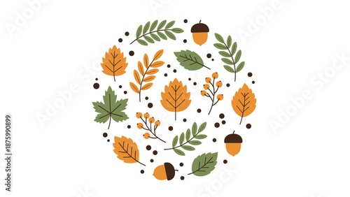 Beautiful circular wreath made of colorful autumn leaves, berries, and acorns on a clean white background for fall.