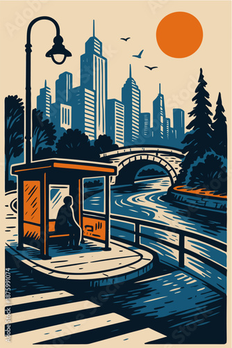 Vintage style illustration of an urban crosswalk with city buildings ideal for travel posters editorial art and urban lifestyle themes