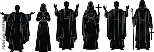Christian clergy silhouettes illustration, religious priest monk nun figures, worship prayer faith symbols, church ministry collection, flat vector, design set