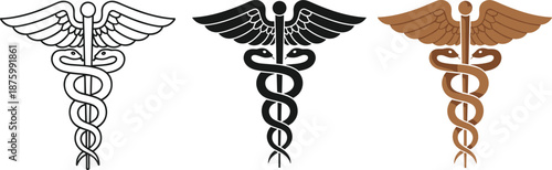 Caduceus medical symbol icon set, healthcare logo design, black white bronze styles, medicine emblem, pharmacy sign, flat vector