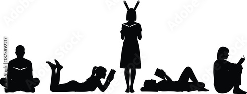 People reading books silhouette set standing sitting lying poses education study library vector illustration isolated black figures