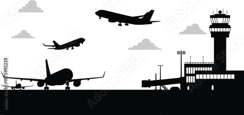 Airport runway silhouette flat vector with airplanes taking off terminal building control tower and clouds for aviation travel and transportation design
