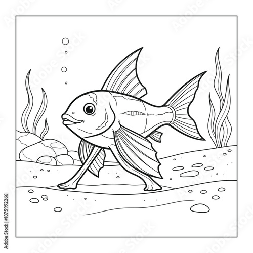 This clean vector line art depicts a sea robin "walking" across a sandy seabed using its specialized, leg-like pectoral fin rays. illustration, vector art , coloring page.
