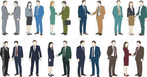 Business people shaking hands professional partnership teamwork agreement corporate meeting vector illustration set for office collaboration success concept
