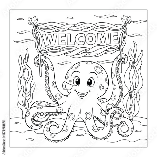 This vector line art features a cheerful blue-ringed octopus with a friendly smile, holding up a "WELCOME" sign woven from textured kelp strands.