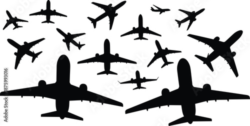 Collection of commercial airplane silhouettes flat vector with various aircraft flying for aviation travel transport airline industry and flight design