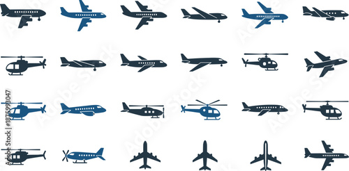 Collection of airplane and helicopter silhouettes flat vector with various aircraft icons for aviation travel transport flight and commercial design