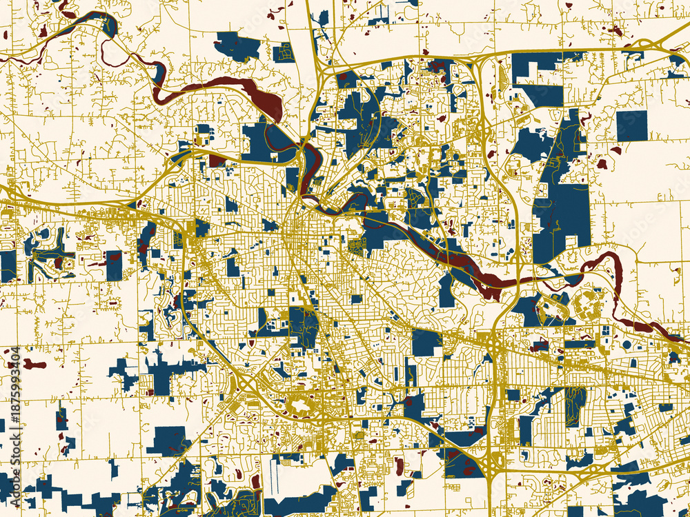 Fototapeta premium Flat city map of Ann Arbor, Michigan in minimal cream and gold map