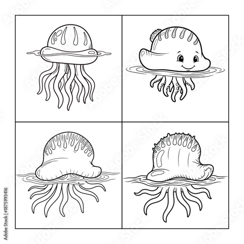 This vector line art features a distinctive Portuguese Man O' War with its unique bell-shaped float resting peacefully on the water's surface.