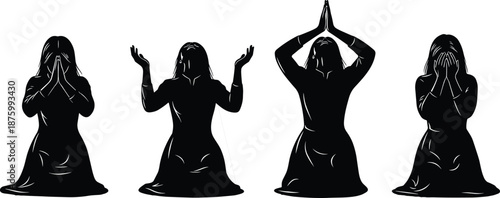 Women praying silhouette set showing worship, meditation and spiritual poses, faith and mindfulness concept collection, black vector illustration isolated