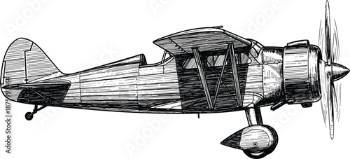 Vintage propeller airplane engraving flat vector with retro biplane design for antique aviation history classic flight adventure and aeronautical transportation