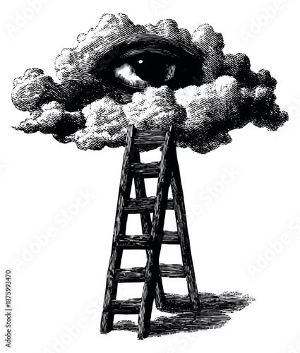 Hand drawn illustration of an eye in a cloud with a ladder depicting insight and aspiration for conceptual designs