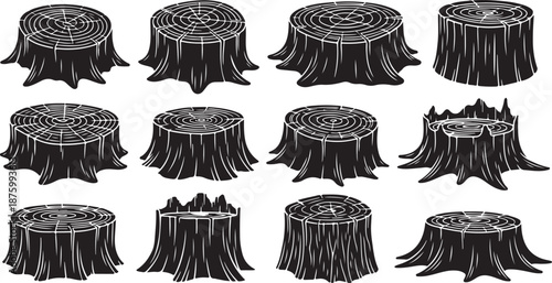 Set of tree stumps in various shapes and sizes