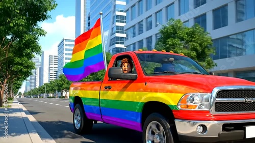 Animated pickup truck with a vibrant rainbow pride flag driving down a sunny city street, celebrating diversity and inclusion during Pride Month, symbolizing freedom for the LGBTQ+ community.