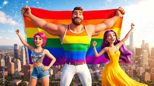 Pride Month celebration with diverse animated characters holding a rainbow flag over a vibrant city skyline, symbolizing joy and LGBTQ+ equality.