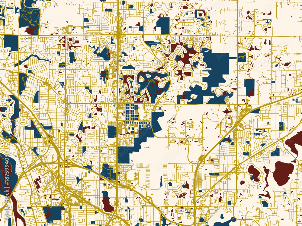Fototapeta premium Urban map of Blaine, Minnesota in a flat palette: warm gold street grid over a cream background with bold deep-red water areas