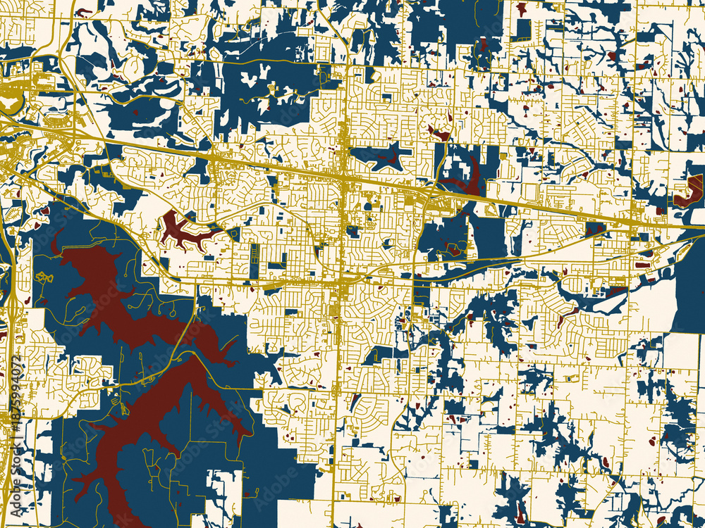 Naklejka premium Flat city map of Blue Springs, Missouri in gold street network with deep red water