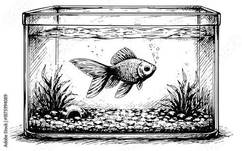 Hand drawn line art illustration of a goldfish in an aquarium depicting a swimming pet for aquatic hobby