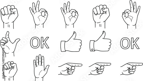 Hand gesture icons set including thumbs up OK sign pointing finger fist open palm line art vector illustration collection