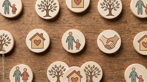 Community action symbols wooden background graphic representation family and nature themes close-up view social connection concept