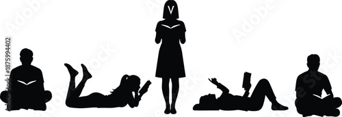 People reading books silhouettes students studying learning education concept men women isolated on white background vector illustration library knowledge design