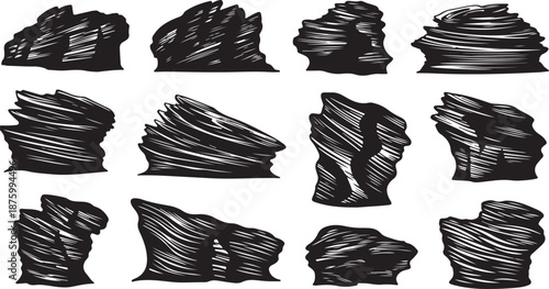 Collection of abstract black and white rock formations illustrations