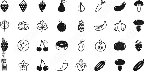 Fruit and vegetable icon set, food illustration collection, healthy produce symbols, doodle style food graphics, black and white vector elements
