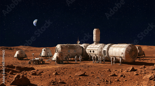 Exploration mission on mars extraterrestrial base science fiction art red planet aerial view futuristic concepts