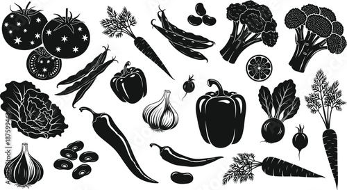 Fruit and vegetable illustration, black and white vector, healthy food icons, stylized produce, organic design, kitchen, culinary art